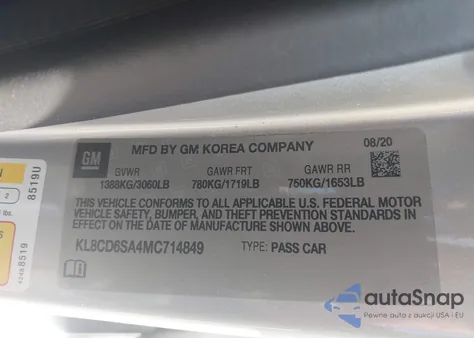 2021 Chevrolet Spark Fwd 1Lt Automatic z USA, uszkodzony, nr VIN KL8CD6SA4MC714849